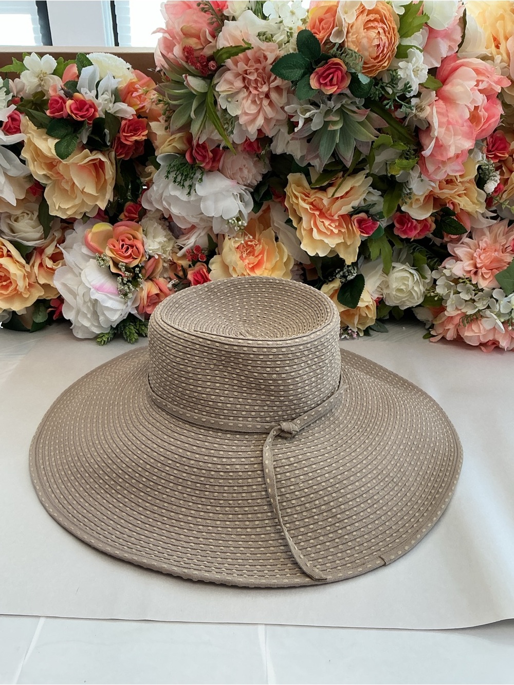 San Diego Hat Co UPF 50 Wide Brim Ribbon Sun Hat Taupe Adjustable Strap OS